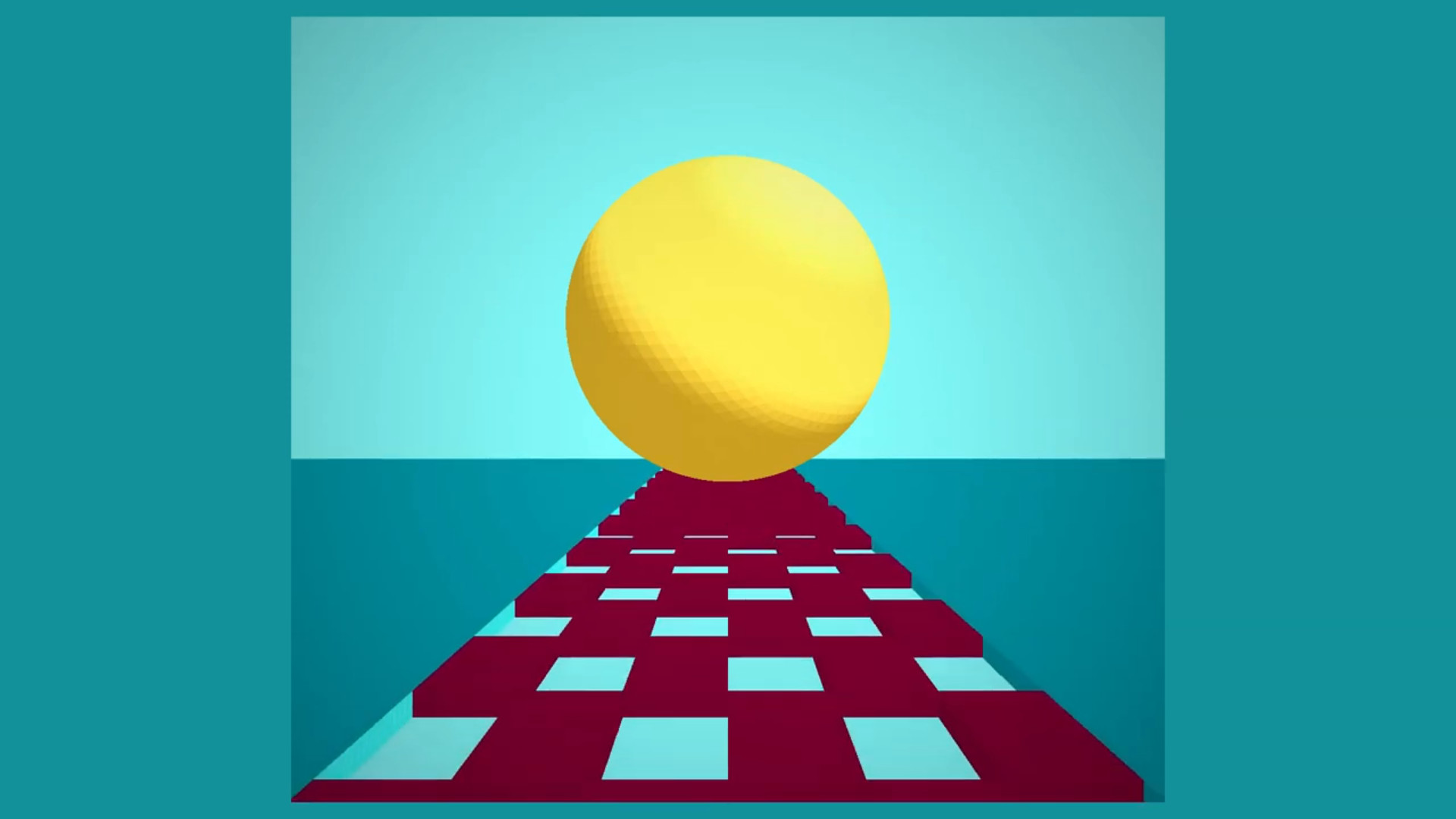 A big abstract gold ball on a red checkered road on a teal floor.